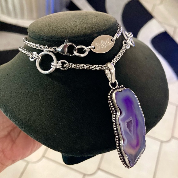 925 sterling silver overlay Purple agate slice gemstone charm boho necklace . - Picture 3 of 16